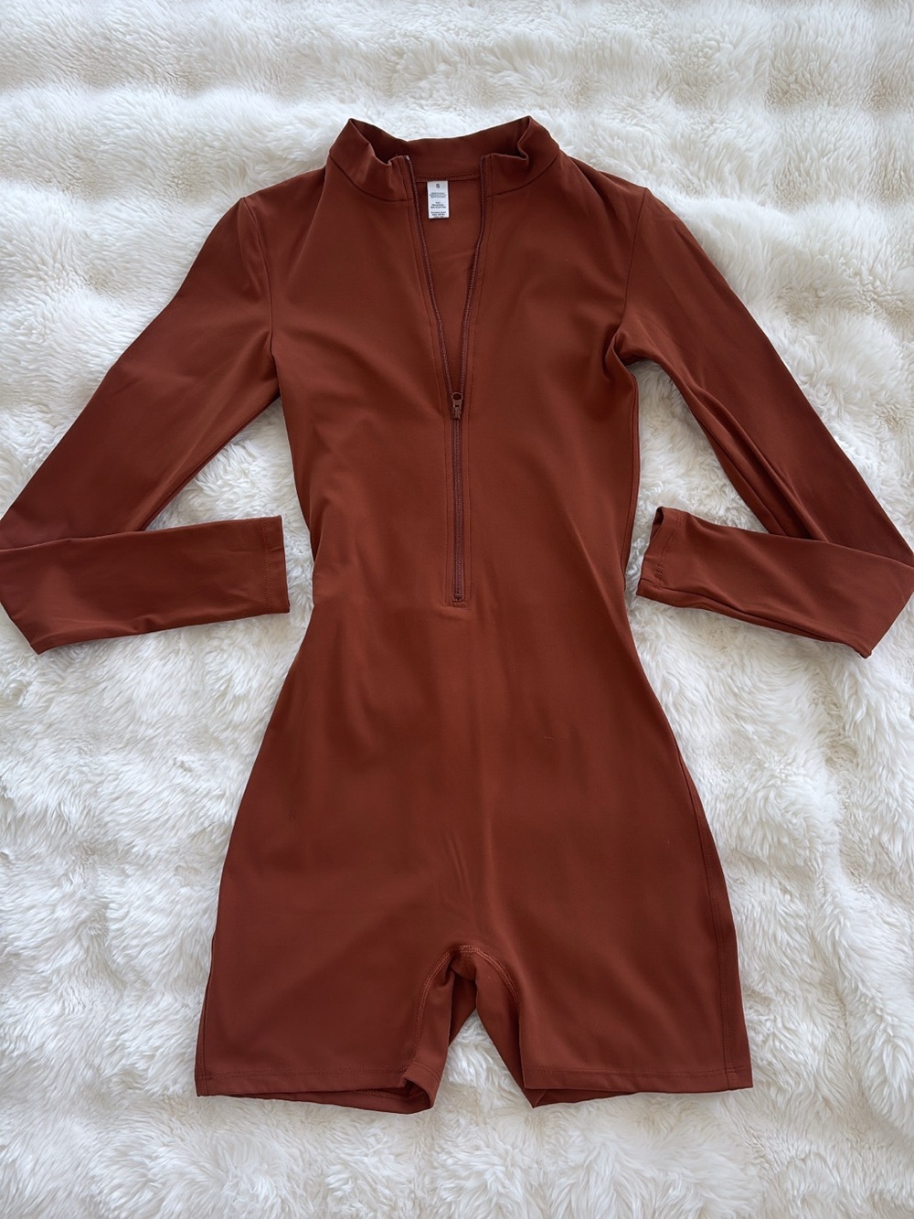 Rust Brown Long Sleeve Zip-Front Romper Jumpsuit